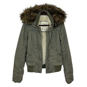 Hollister Jacket- Khaki Green, Faux Fur Lined - S/M